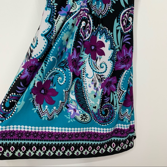 Rare Vintage Y2K Blue & Purple Paisley Floral V-Neck Dress Metal Jewel Waist - Picture 5 of 13